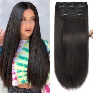 Clip in Hair Extensions Long Straight Fiber Double Weft 22 Inch 4PCS Dark Brown